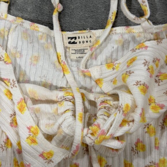 Billabong Ribbed Floral Mini Dress L Sunny Yellow Tie Front Spaghetti Strap EUC - Picture 4 of 5